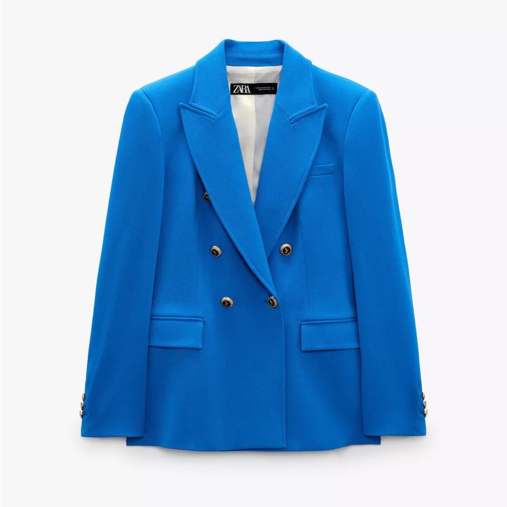 BNWT Zara Blue Double-Breasted Blazer with Structured Shoulders Sz S